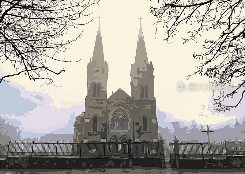 卡米扬斯克(乌克兰)古老的圣尼古拉斯哥特式教堂，以冬日夜空为背景，光秃秃的树枝剪影。矢量插图，EPS 10。风格化的城市景观